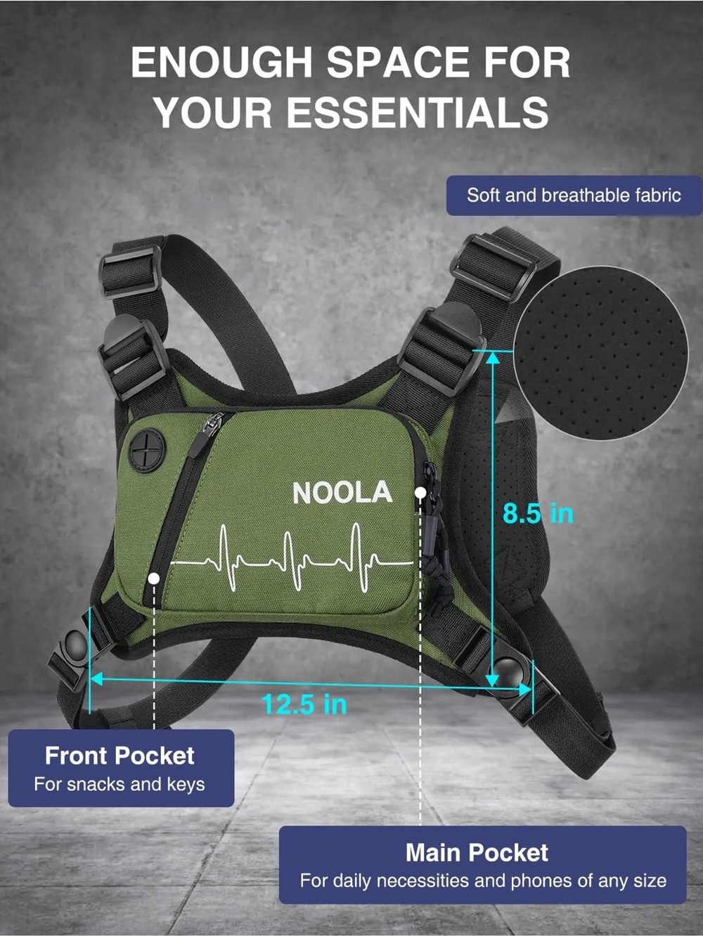 NWOT NOOLA Green/Black Chest Pack/Running Vest Reflective Back Phone Holder Bag